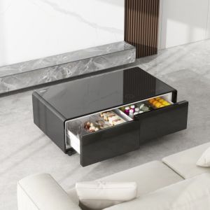 Metal Frame Glass Coffee Table with Multifunction Mini Fridge Freezer and USB