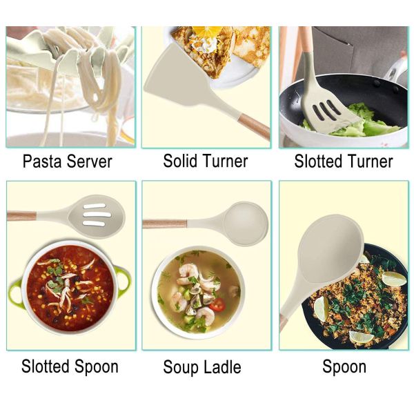 Non-stick Silicone Kitchen Utensils Wooden Handle with Holder Spatula Spoon Turner Tongs