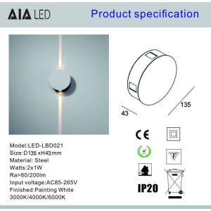 Steel Round 2x1W IP20 modern LED wall light /LED decoration wall lamp for