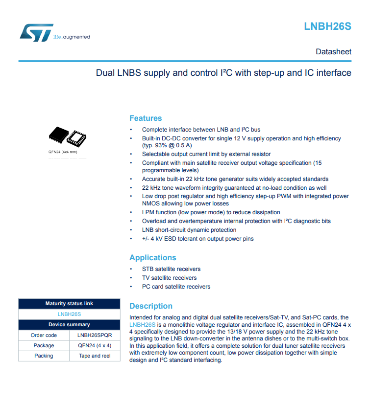 LNBH26SPQR Converter Satellite STB Receivers/SatTV Voltage Regulator IC