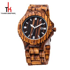 China Men's 45mm Waterproof Wood Watch Zebra Case Calendar Movement on sale