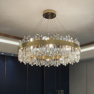 Modern Foyer Round Chandelier Luxury K9 Crystal Dimmable Pendant Lamp Cable