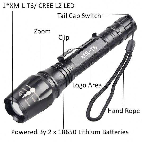 5 Modes LED Emergency Flashlight Zoom Function Ultra Bright 500 Lumens