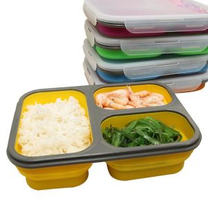 High quality 3 compartment microwaveable collapsible silicone lunch box