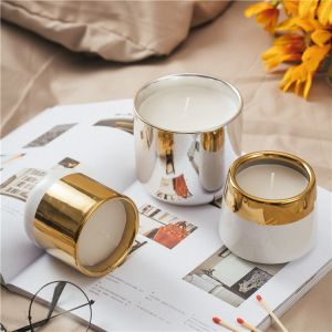 Luxury Handmade Custom Ceramic Candle Jars With Golden Electroplated