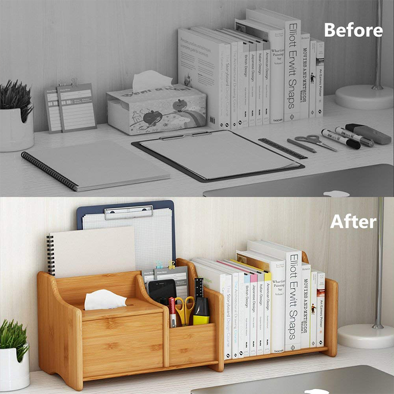 Adjustable Bookend Bamboo Storage Box for Office Organization 30-56.4 x18.54x18.03cm