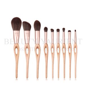 Patented 9pcs Complete Face Brush Set Walnut Wooden Handle Facial Brush Kit