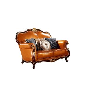 Wooden Frame Leather Recliner Royal Sofa Set With Simple Carving