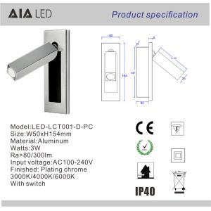 Rotating Recessed mounted bed sides light 3W led bed lighting reading light bed