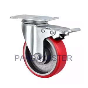 4 Inch Medium Duty Red Polyurethane Tread Iron Core Swivel Total Brake Caster