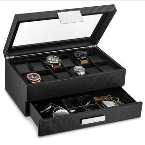 Cheap 12 Slots Leather Watch Box with Multi-level Storage and Transparent Window for Dust-proof Watch Display for sale