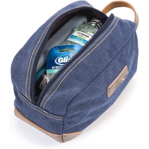 Bathroom Toiletry Travel Bag For Men , Blue Leather And Canvas Large Dopp Kit
