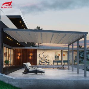 China Waterproof Aluminium Pergola Retractable Roof Pergola With LED Light Strips And PVC Sail Finishing on sale