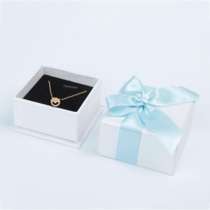 Paper Pendant Necklace Ring Packaging Box With Pink Bow Square Shape