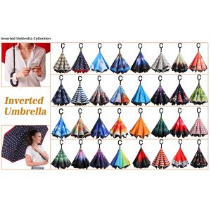 C Handle 190T Reverse Inverted Umbrella Double Layer Inside Out Windproof 49"