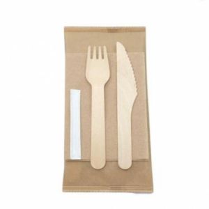 China 160 Mm Biodegradable Wooden Fork Spoon Napkin Toothpick With Wrapped Paper Package on sale