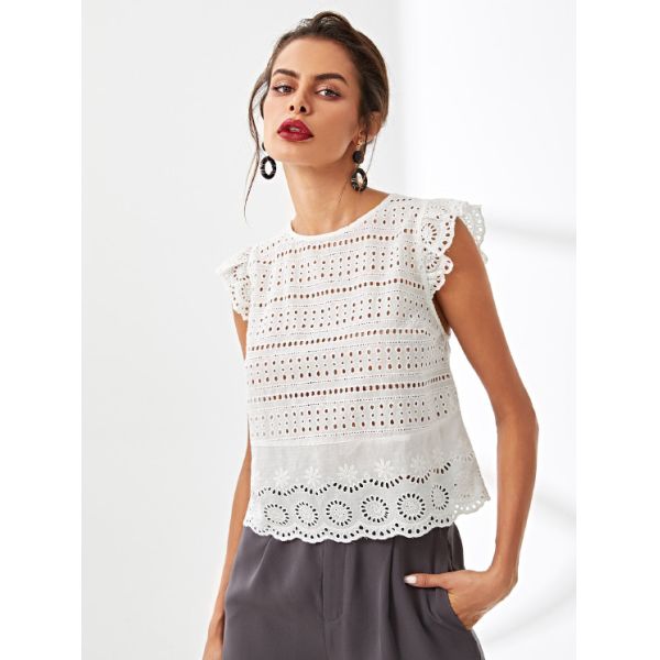 Summer latest women white blouse styles with petal sleeve