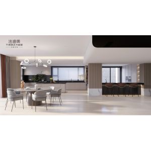 Elegant Grey Stainless Steel Kitchen Cabinet With Curved Island And Multiple