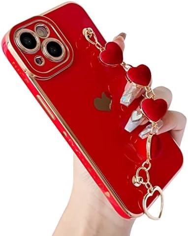 for iPhone 12 Pro Max Case,Cute Plating Love Heart Wrist Strap Chain Bracelet