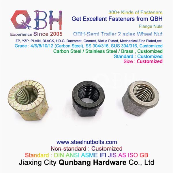 QBH Black Semi Trailer 2 Axles Non-Serrated Flange Wheel Hub Nut