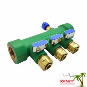 Cheap PPR Manifolds With Ball Valve Hot &amp; Cold Water Blue 3 Ways Manifolds Customized Logo and Color 25mm for sale