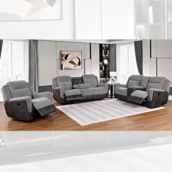 Quality Recliner Sofa set with Dropdown Table and Storage Box, Light Gray & Gray Fabric wholesale