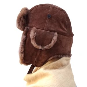 Unisex Top Layer Suede Winter Bomber Hats , Fur Trim Shearling Aviator Hat