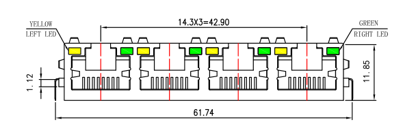 Low Profile RJ45 Jack 1x4 Port With LED Magnetics Connector LPJE4718AGNL