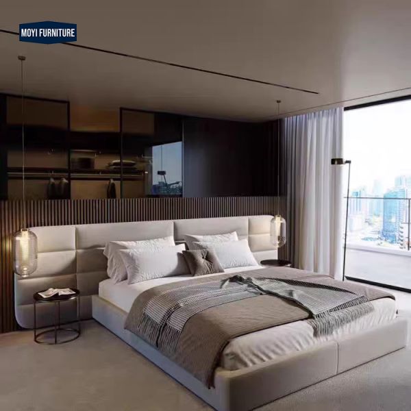Linen Upholstered Bedroom Furniture Sets Hotel Grade Luxury Modern Villa Bed Double King Size Soft Bed Massage Sample