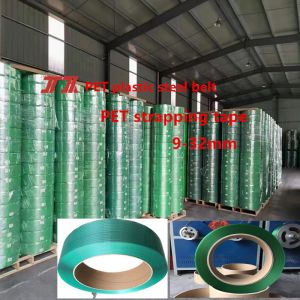 China Wholesale Packaging Materials Green PET Strapping PET Plastic Steel Strapping For Aluminum Strapping on sale