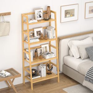 Freestanding Open Bookcase Bamboo Bookshelf 4-Tier Ladder Shelf for Toilet Paper