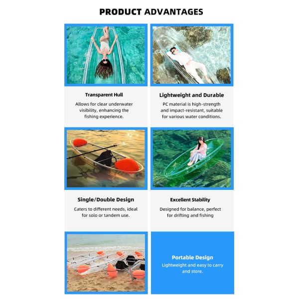 PC Sheets Full Transparent Kayak Crystal Kayak Clear Bottom Boat Polycarbonate Material Portable Clear Kayak for Scenic Lakes