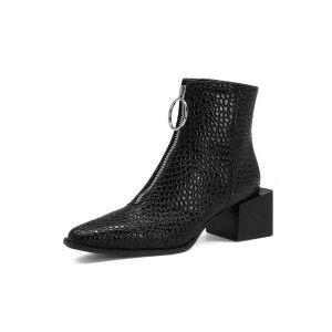 Zip Up Imitation Alligator Ladies Flat Boots Womens Block Heel Ankle Boots
