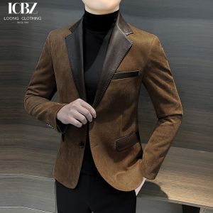 Single Breasted Men's Leather Jacket End Splicing Design Casual Small Suit for
