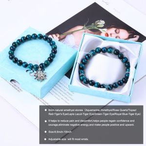 Handmade Elastic Round Turquoise Blue Tiger'S Eye Stone Beaded Stretch Bracelet