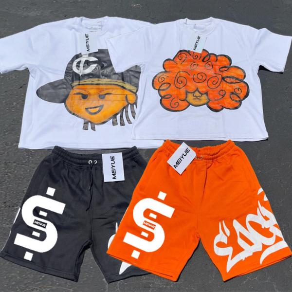 Quality Custom Mens Screen Print Acid Vintage Wash Shorts Cropped Sublimation T Shirts Jogging Summer Graphic Men Tshirt and Shorts Set wholesale