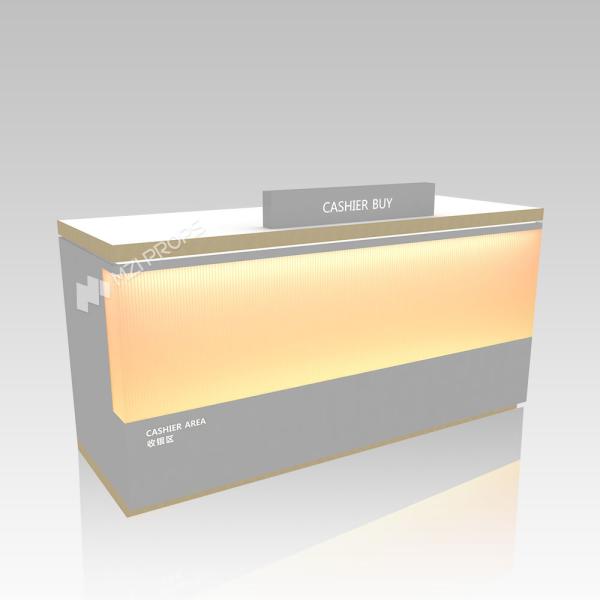 Gray Wooden Check-out Counter with Soft Light Strip for Cosmetic Shop Design and