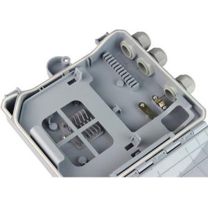 Plug - In Fiber Optic Distribution Box 8 Port Splice Tray Pigtail Wall Mount