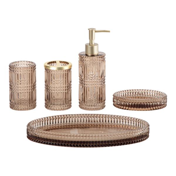 Quality Modern Square Glass Bathroom Accessories Set with Ribbed Vertical Stripe and Diamond Pattern wholesale