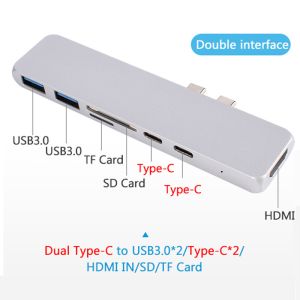 Multifunction aluminium thunderbolt 3 dual usb c to 7 in 1 combo type c