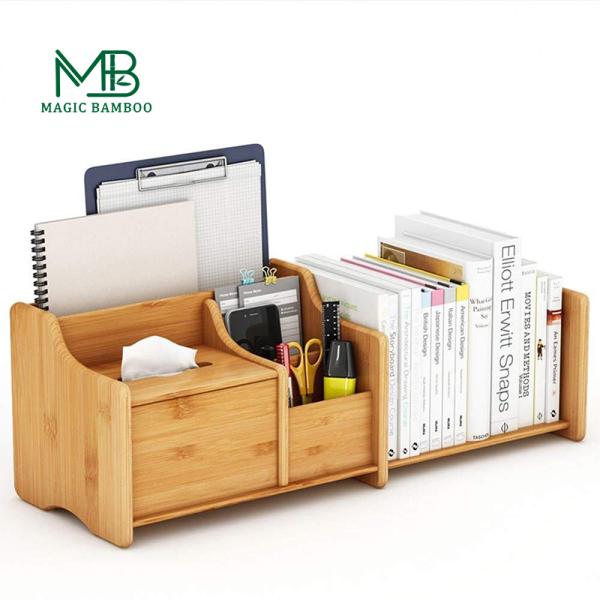 Adjustable Bookend Bamboo Storage Box for Office Organization 30-56.4 x18.54x18.03cm