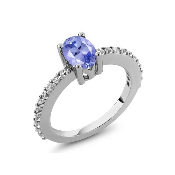 Gem Stone King 1.05 Ct 7x5mm Oval Tanzanite White Created Sapphire 925 Silver Ring