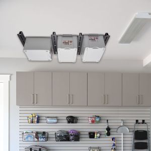 Adjustable Width Overheard Tote Storage Rail System for Garage Ceiling Bin