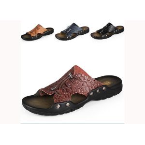 China Beach Mens Leather Summer Slippers , Custom Split Leather Shoes on sale
