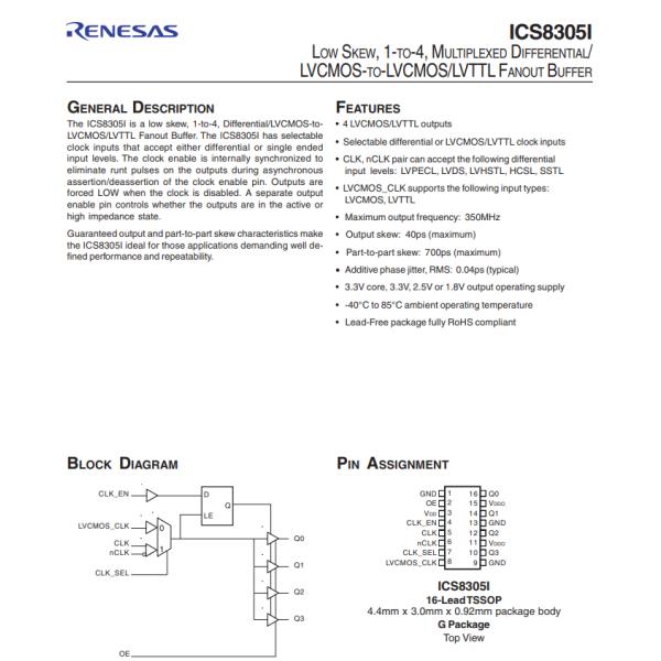 ICS8305AGILFT Clock Fanout Buffer Multiplexer IC 2:4 350 MHz 16-TSSOP