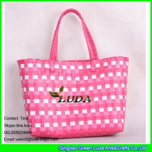 China LDSL-027 pink &white mixed woven strap shopping bag large pp beach straw tote bag on sale