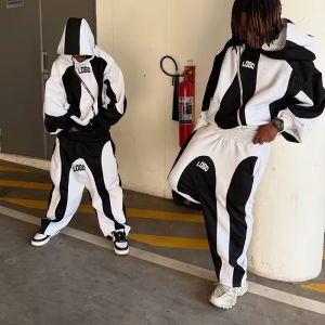 Custom Two Piece Strip Zipper Cotton Fleece Hoodie Track Pants Set Custom