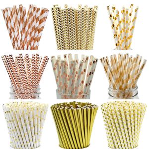 Striped Dot Drinking Compostable Rose Gold Paper Straws