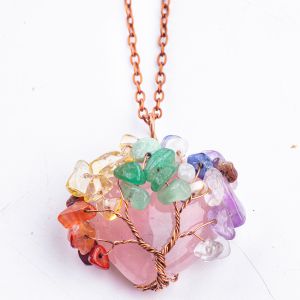 Rose Quartz Heart Shape Crystal Tree Chakra Gem Necklace