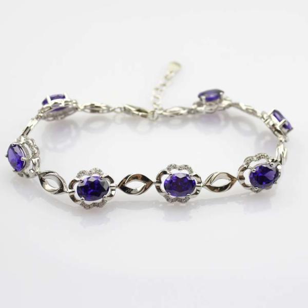 Quality 925 Silver 6x8mm Oval Created Amethyst and Clear Cz Diamonds Link Bracelet (H03) wholesale